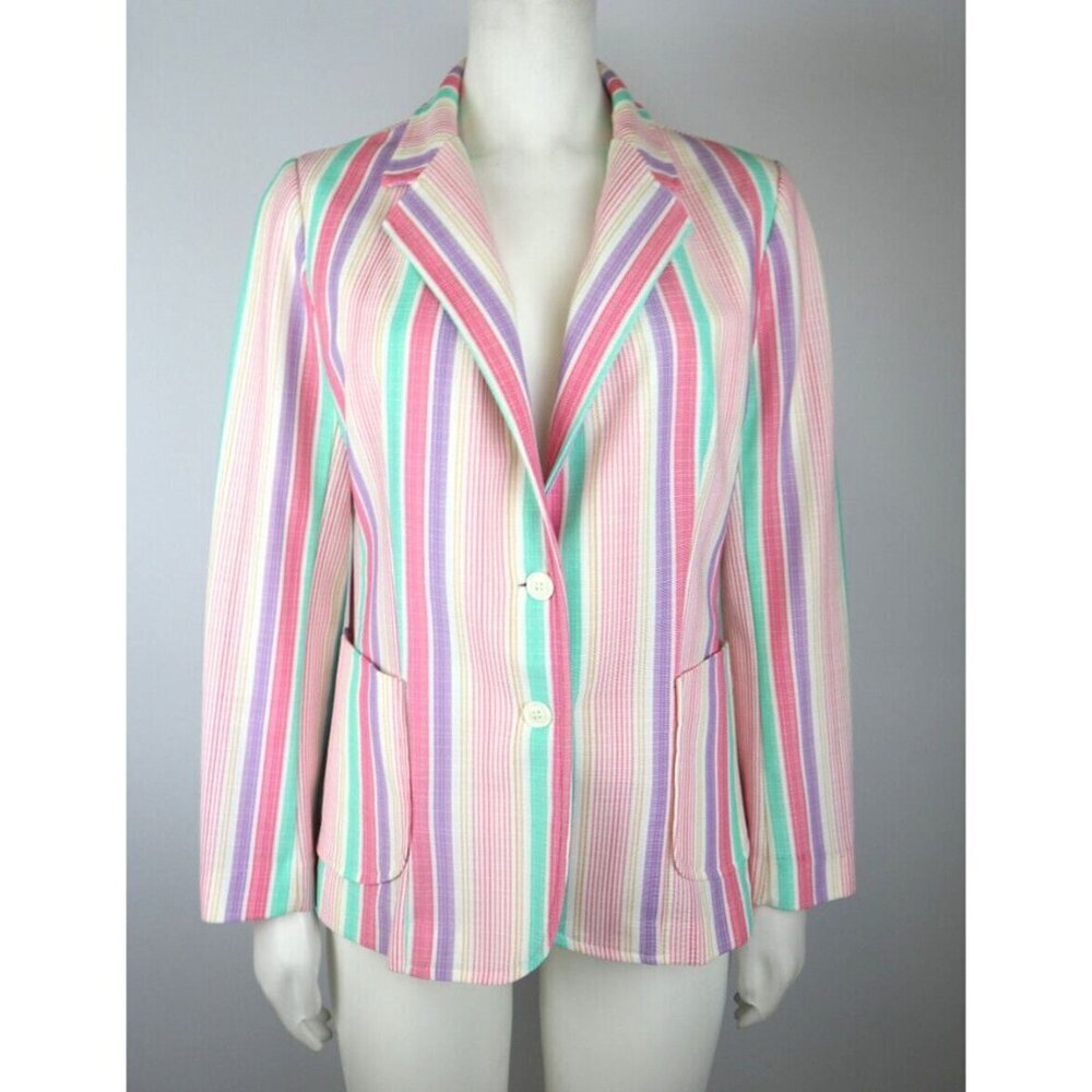 VINTAGE 70s 1970s WOMEN'S PINK STRIPED BLAZER JACKET - BARCLAY SQUARE - SIZE 10